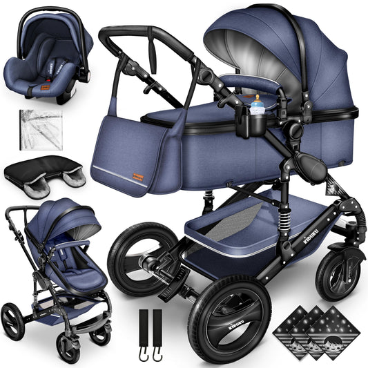 KIDUKU® 3 in 1 stroller XXL complete set | Combination stroller set including baby tub, buggy seat & car baby seat footmuff | solid rubber tires changing bag hand warmer rain cover child table ECE R129