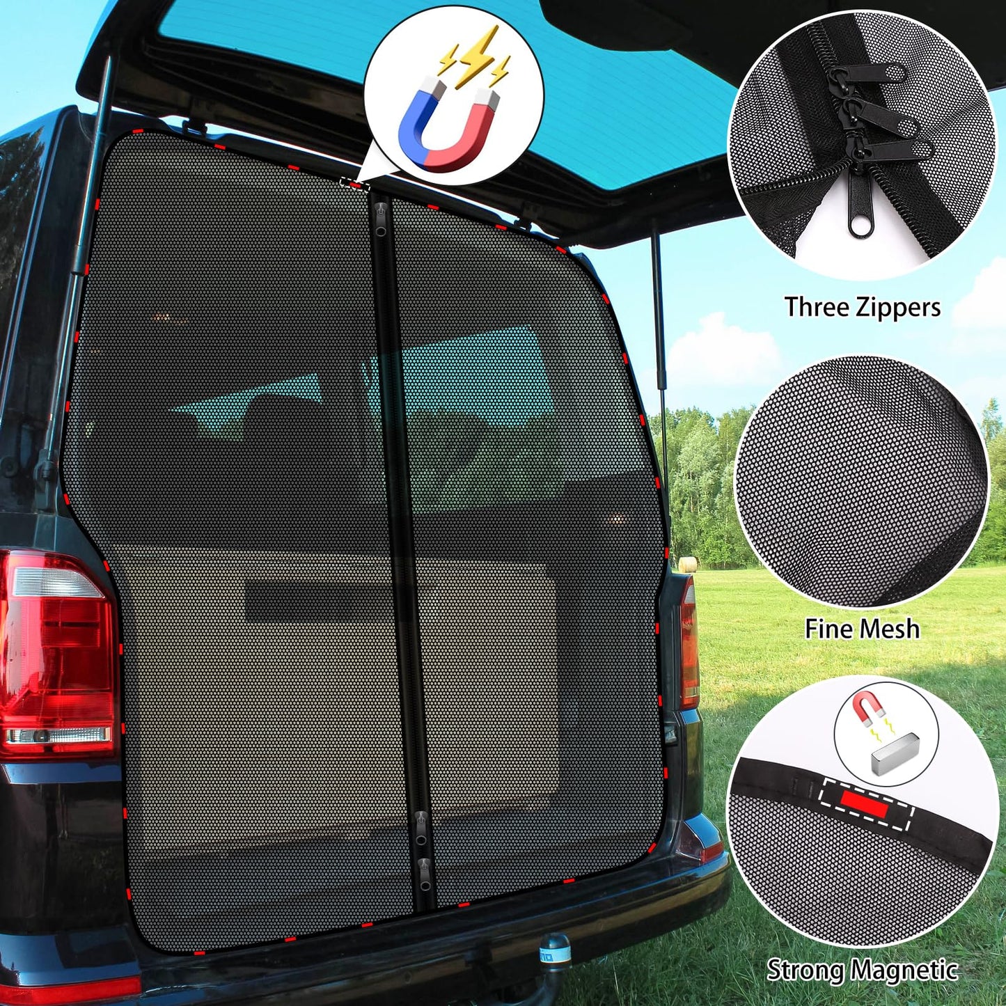 ZATOOTO car sunshade for VW T5 T6, trunk cover with triple zipper, magnetic divider curtain shade net mosquito net for camping travel.
