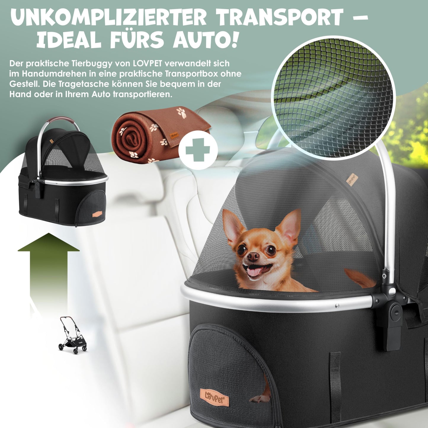 LOVPET® Dog Stroller 3in1 for dogs up to 20kg, dog crate, transport bag, foldable, collapsible, large wheels, mesh windows, rain cover, cup holder, cuddle blanket, cat stroller, jogger buggy for pets.