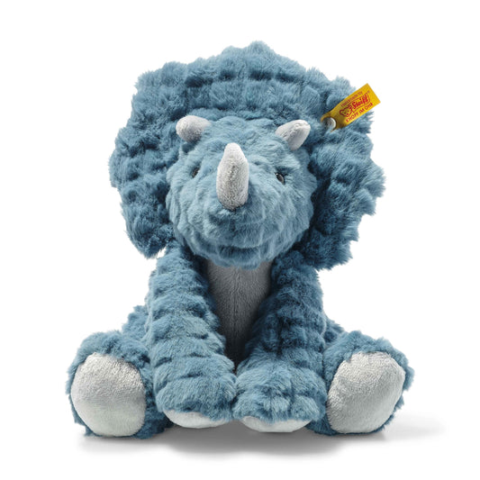 Steiff Soft Cuddly Friends Dixi Triceratops Petrol 28 cm, dinosaur plush toy made of cuddly soft plush.