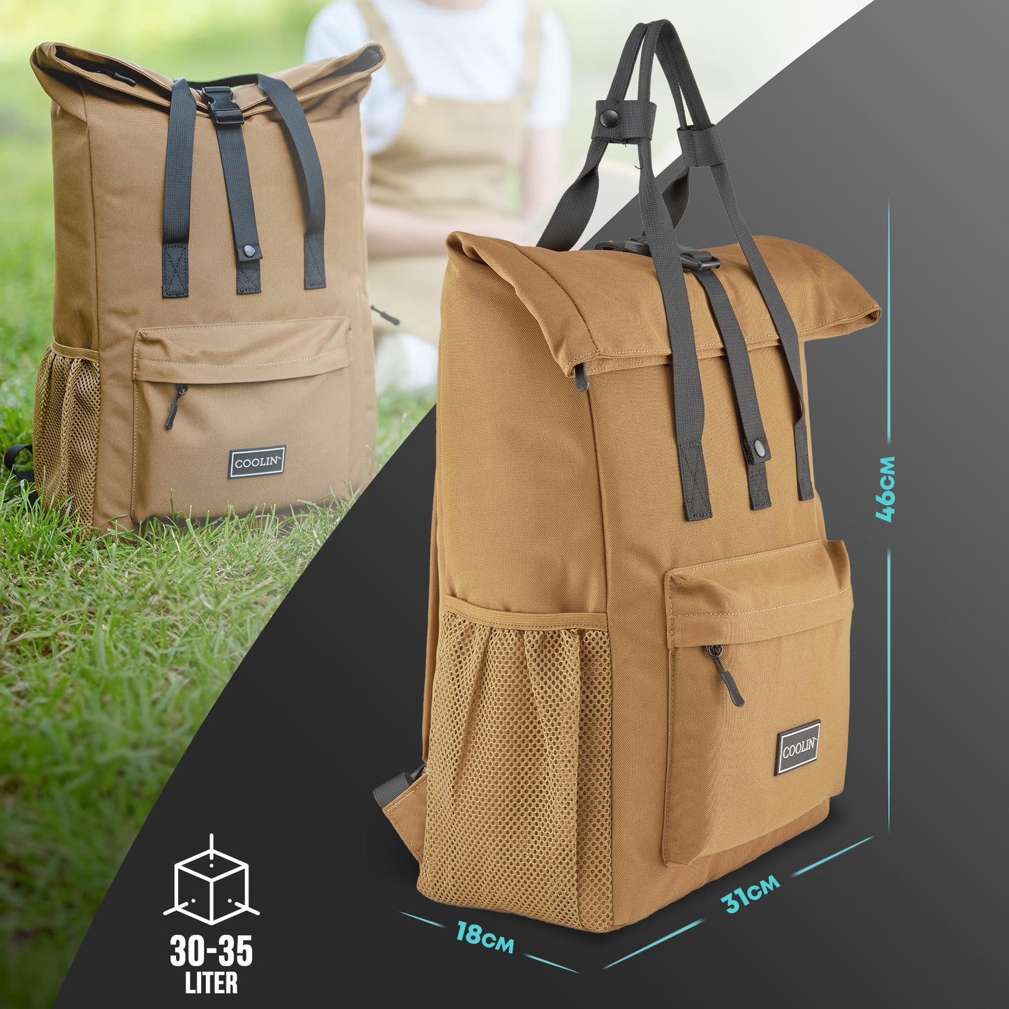 Coolin' Cooler Backpack 30L | Backpack with insulated compartment for beer, picnic, drinks & more | Cooler bag as a backpack - practical & easy | Thermo backpack for beach or hikes (Brown)