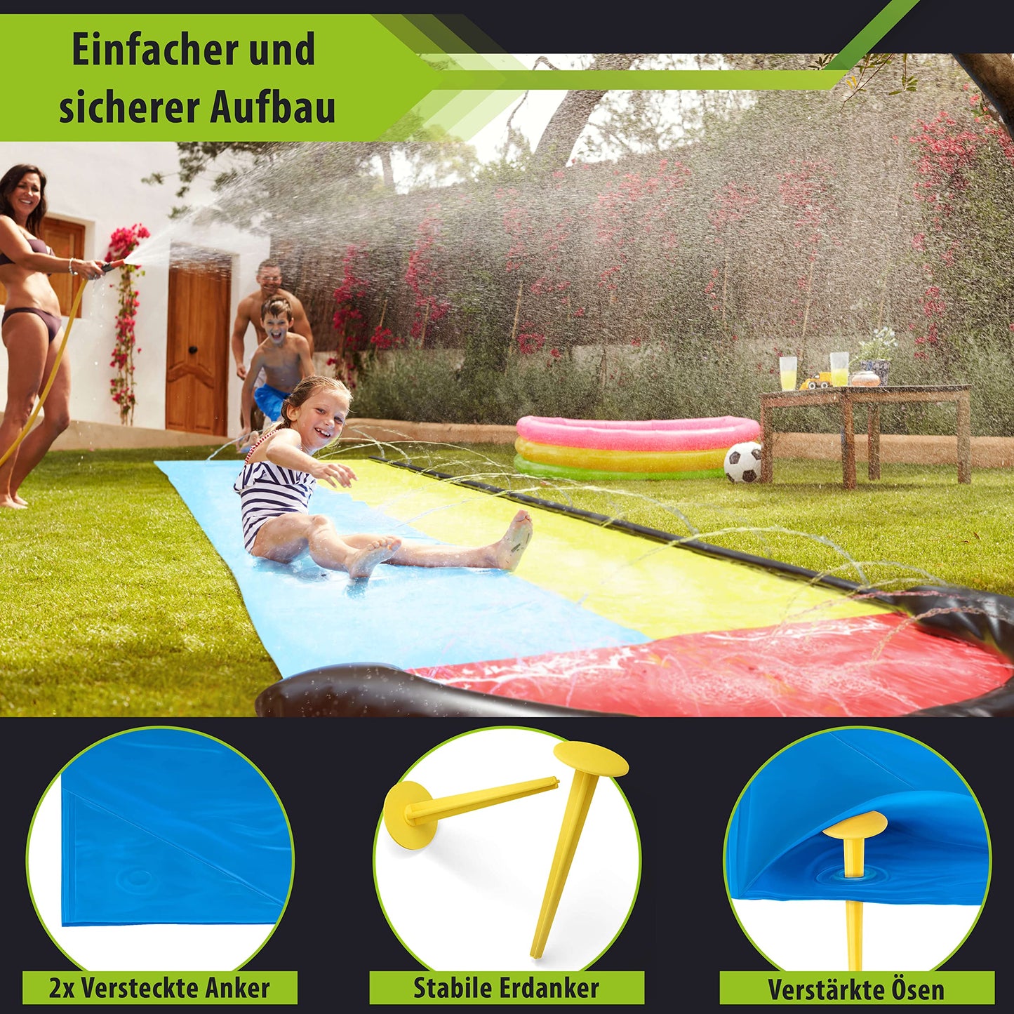 Balinco - Double water slide 4.80 x 1.40 m with 2 surf cushions & anchoring pegs - Large water slide for garden & outdoor - Sprinkler slip mat for children & adults - Water toy for summer.