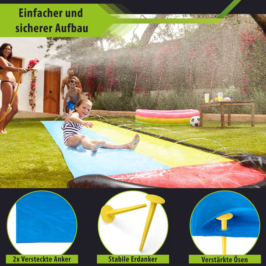 Balinco - Double water slide 4.80 x 1.40 m with 2 surf cushions & anchoring pegs - Large water slide for garden & outdoor - Sprinkler slip mat for children & adults - Water toy for summer.