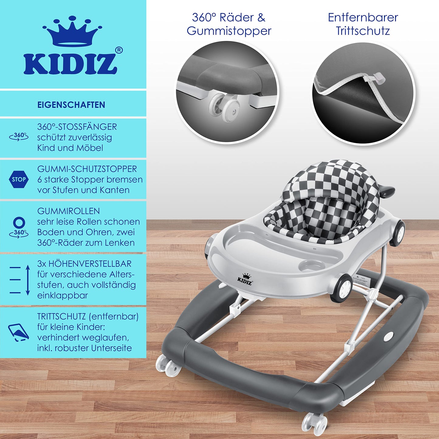 KIDIZ® 4in1 Baby walker activity center - rocker, walker, highchair, and play center with wheels, lights, music, and games. Suitable for babies from 6 months old. Foldable.