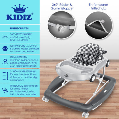 KIDIZ® 4in1 Baby walker activity center - rocker, walker, highchair, and play center with wheels, lights, music, and games. Suitable for babies from 6 months old. Foldable.