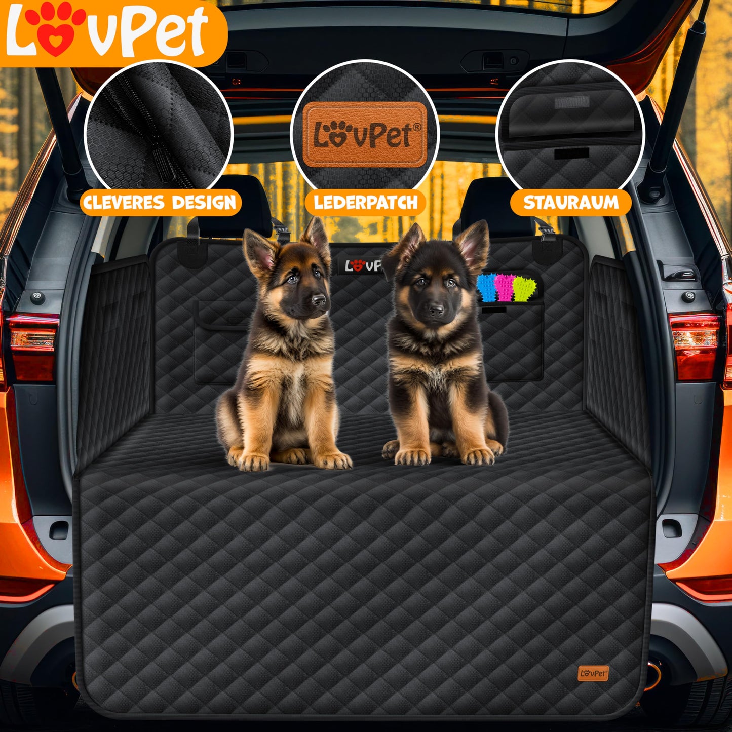 Lovpet trunk protector with side and bumper protection, dog blanket for car back seat with window & accessories. Premium dog car seat cover - waterproof, scratch-resistant & universally applicable in black.