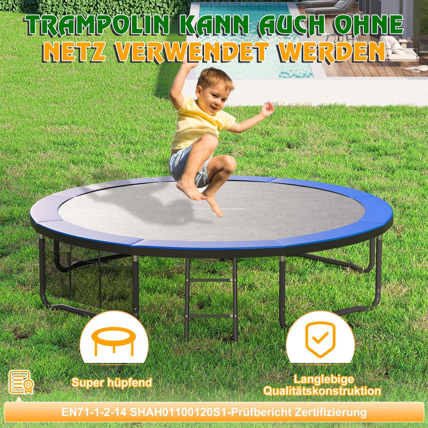 Devoko Trampoline Outdoor Ø 228/305/366/427 cm, GS certified, Kids trampoline with safety net, Round giant trampoline with ladder and shoe bag