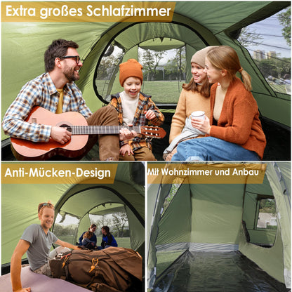 Camping tent for 4 people, 5000mm waterproof tunnel tent. Family tent, group tent, vestibule, sun shade, tipi tent. Large camping tent with sleeping cabin, glamping tent with removable tent floor.