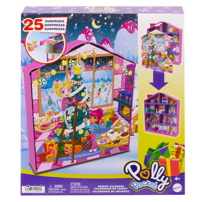 POLLY POCKET Advent Calendar House - 25 surprises, 2 dolls, 27 accessories, gingerbread house design, Christmas tree, skis, for kids ages 4 and up, HKW16