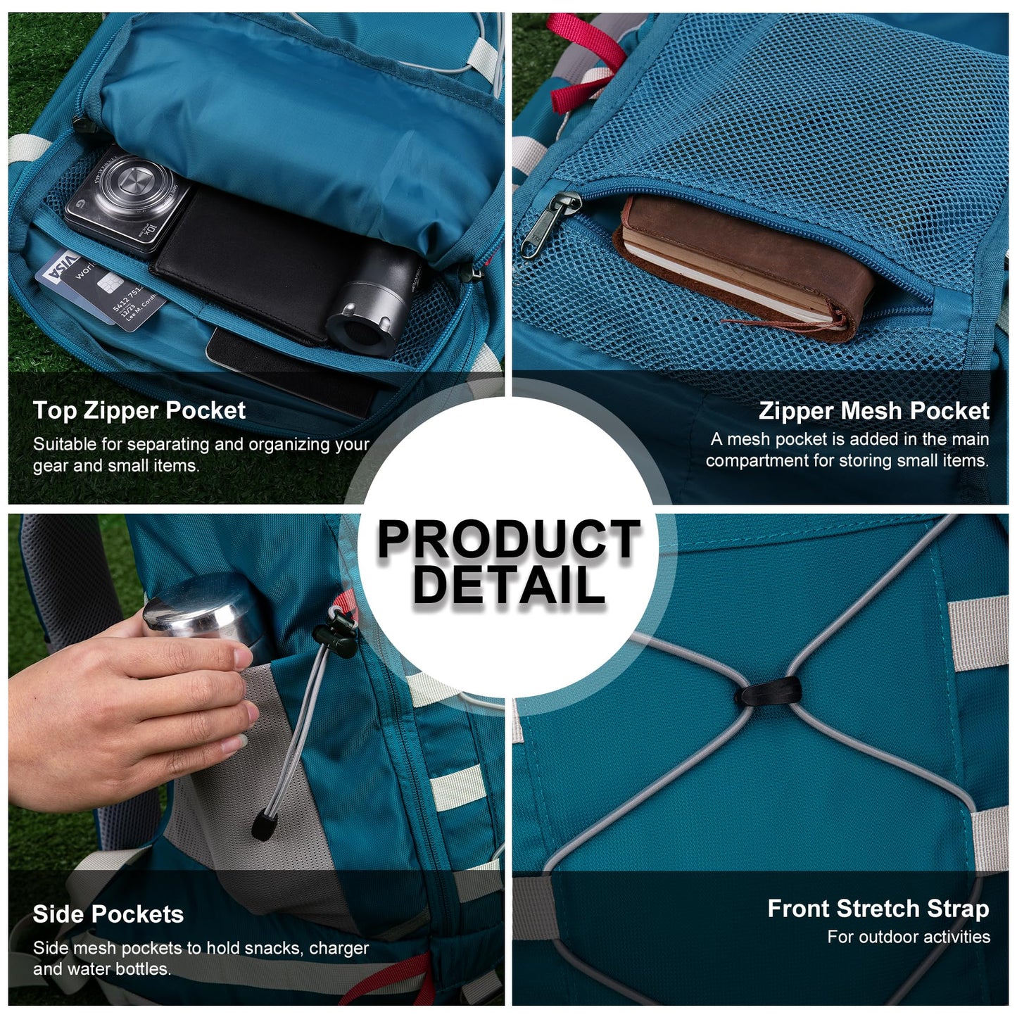Mountaintop 35L hiking backpack for men and women. Ideal for camping, hiking, cycling, and day trips. Includes rain cover. Dimensions: 55x30x18cm.