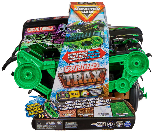 Monster Jam, Grave Digger Trax - RC Monster Truck tank vehicle scale 1:15, All-Terrain capable on land and in water - for boys and girls aged 4 and up