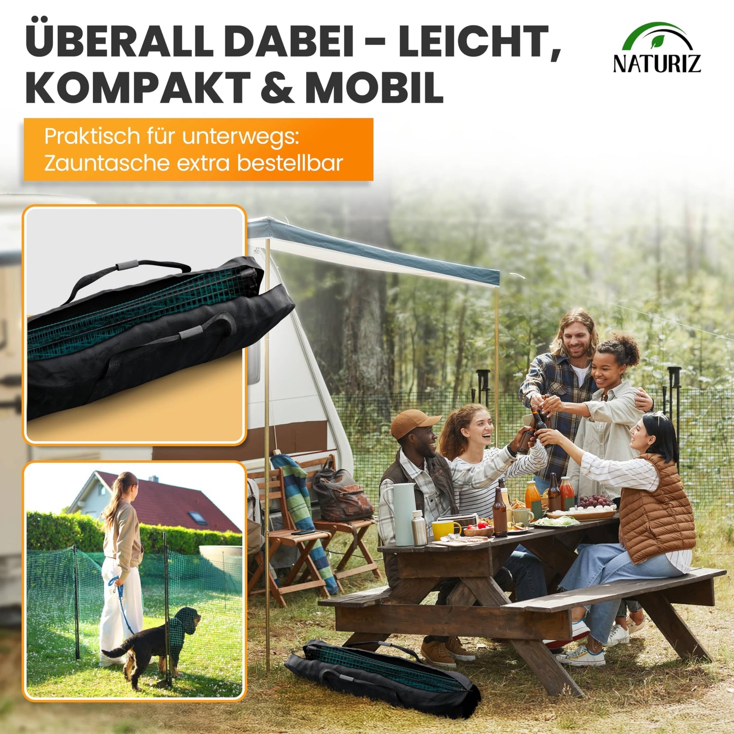 NATURIZ® Electric Fence Gate with One-Hand Opening - mobile gate for camping, garden & pasture - gate with quick set-up & take-down, no electricity.