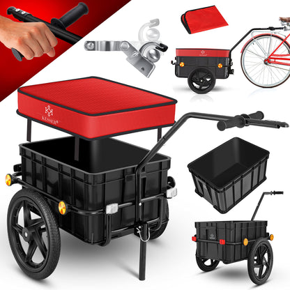 KESSER® Bike trailer, cargo trailer, hand cart with coupling, high drawbar, for transporting bikes. Transport box with 70 liters volume, max. 60kg, + accessories for bikes with 26-28 inches, red.