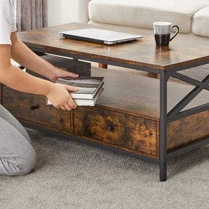 VASAGLE Coffee Table, Living Room Table, Sofa Table, for Living Room, with Drawers, X-Shaped Supports, Open Shelf, Industrial Design, Vintage Brown-Black LCT201B01