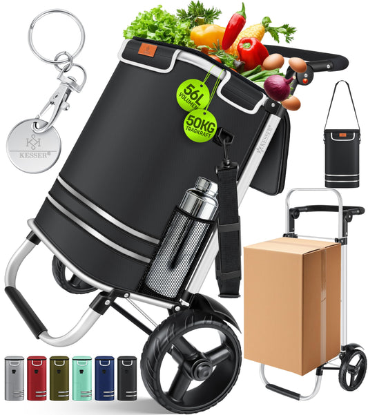KESSER® Folding shopping trolley with 56L capacity and loadable up to 50kg | 3in1 trolley hand truck & shoulder bag | Foldable shopping cart including cooler compartment & shopping chip | Stair climber black