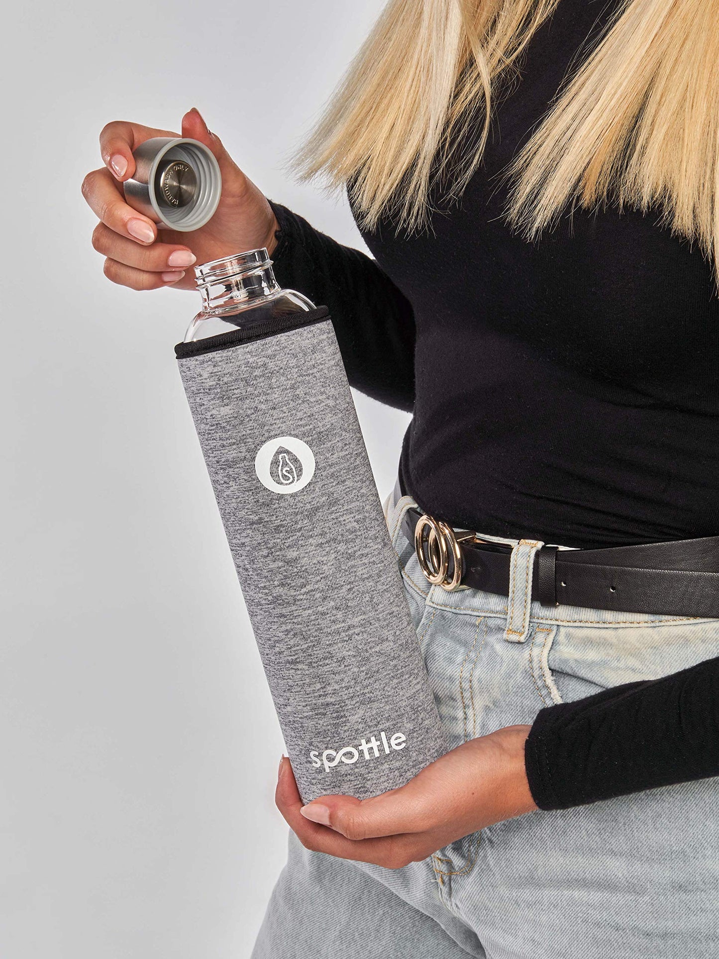 Spottle glass drinking bottle 1L - glass bottle 500ml - 750ml - 1 liter with neoprene sleeve - protective cover - glass drinking bottle with screw cap (Gray mottled (old), 1000 ml)
