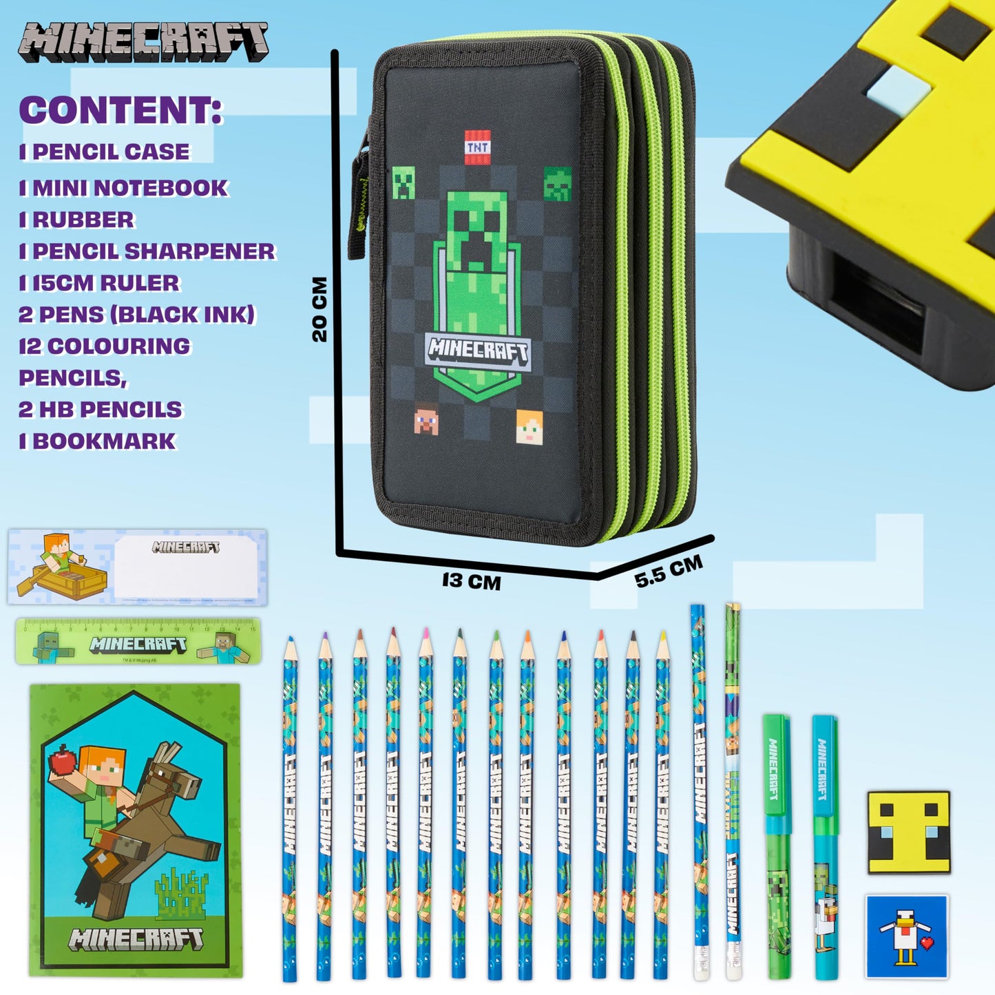 Minecraft pencil case for boys and girls filled with Creeper stationery, gamer gifts for kids and teenagers. (Black AOP)