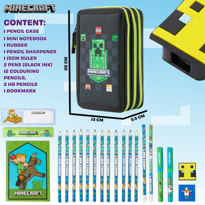 Minecraft pencil case for boys and girls filled with Creeper stationery, gamer gifts for kids and teenagers. (Black AOP)