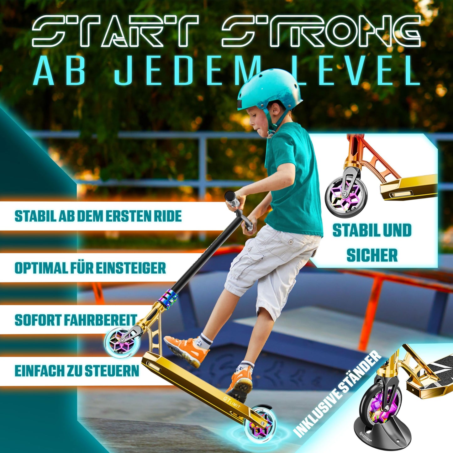 KESSER® Stunt Scooter GT-Limit 360° Steering Freestyle Scooter Trick Scooter with Stand ABEC 9 Bearings, 110 mm PU Wheels, Kick Scooter Push Scooter City Roller Trick Scooter for Kids Adults