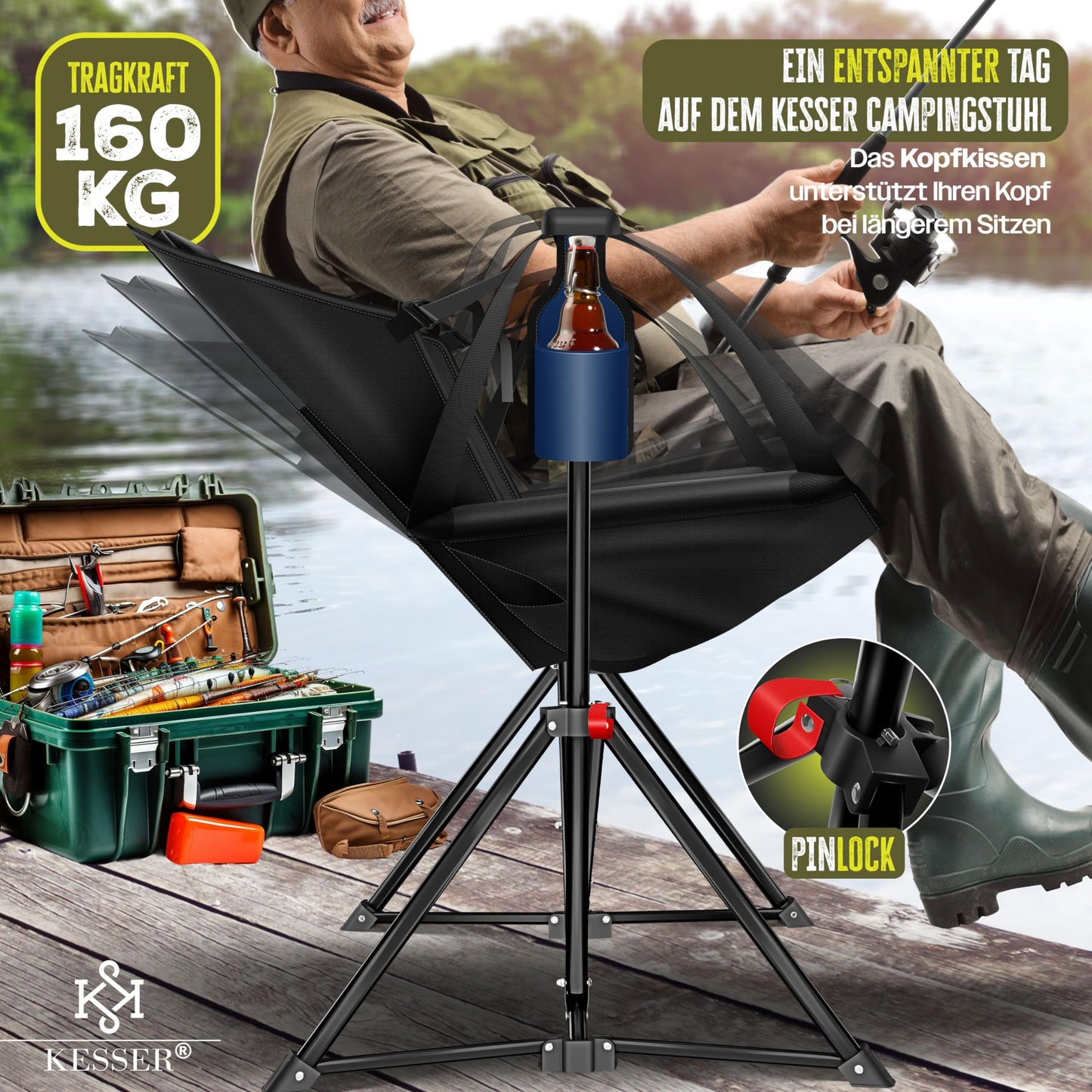 KESSER® Camping chair foldable rocking chair up to 160 kg | Fishing chair folding chair padded | Camping light and drink holder + bag with high backrest | Beach chair with rocking function