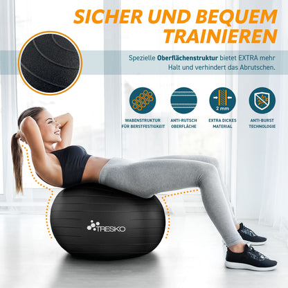 TRESKO Exercise Ball with FREE workout poster and pump - Yoga Ball BPA-Free | Office Chair Ball | Anti-Burst | 300 kg, Black, 85cm (for body height over 185cm)
