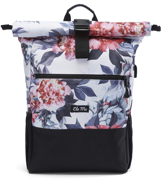Ela Mo Women's Backpack - Rolltop design, stylish and functional - Laptop backpacks for women - Anti-theft bag for school, college, business (Bloom!)