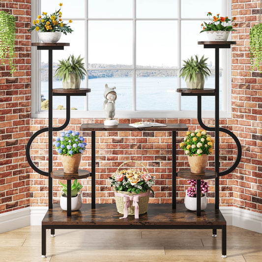 Tribesigns 5-tier metal plant stand for indoor and outdoor use. Multi-level flower stand flower ladder plant ladder wood pot holder for living room balcony (Rustic Brown)