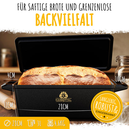 KAISERTAL Cast Iron Bread Baking Pan with Lid 28cm - Sturdy cast iron pot for baking bread - Ideal as bread mold, bread pot, loaf pan and bread baking molds - including baking accessories