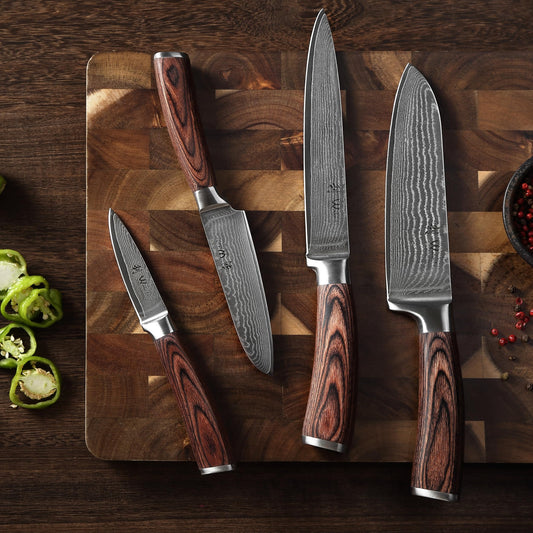 Wakoli EDIB Damascus Knife Set 4 pieces made of 67 layers of damascus steel with VG10 core & pakkawood handle - Kitchen knife set with santoku, paring knife & utility knife in gift box