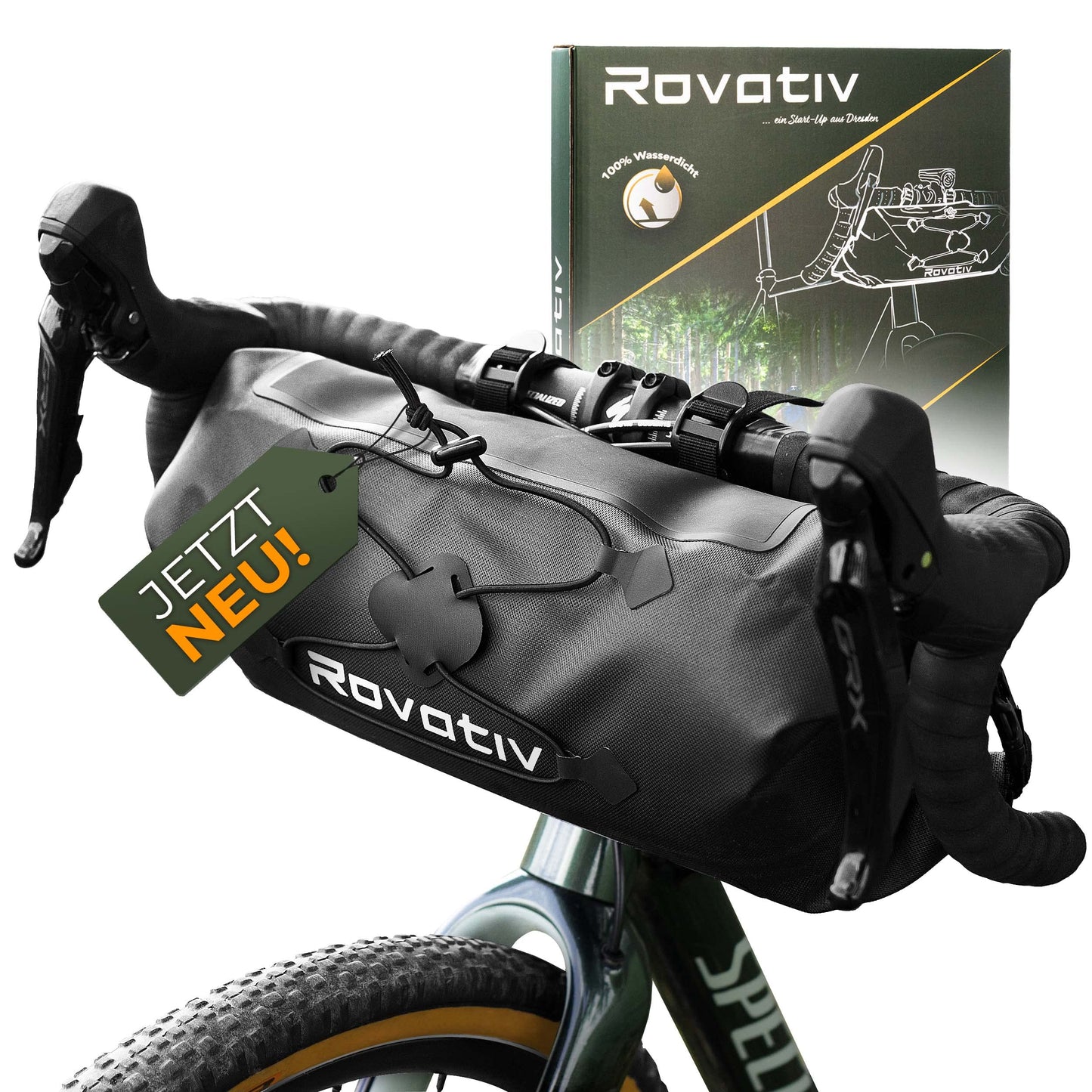 Rovativ® Bikepacking handlebar bag [9.5 liters] 100% waterproof - handlebar roll - extra secure grip - robust TPU fabric - for gravel bike, road bike, MTB.