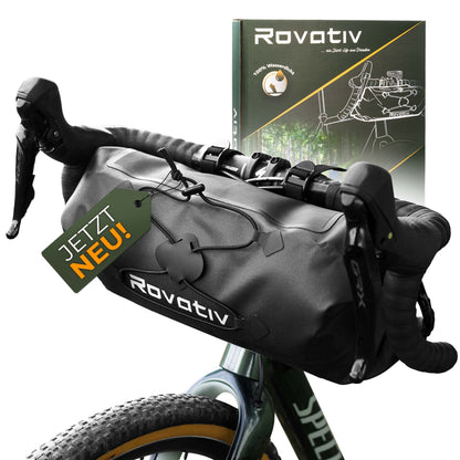 Rovativ® Bikepacking handlebar bag [9.5 liters] 100% waterproof - handlebar roll - extra secure grip - robust TPU fabric - for gravel bike, road bike, MTB.