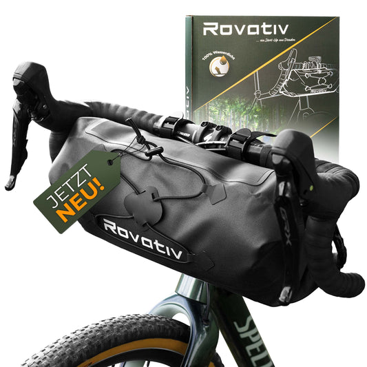 Rovativ® Bikepacking handlebar bag [9.5 liters] 100% waterproof - handlebar roll - extra secure grip - robust TPU fabric - for gravel bike, road bike, MTB.