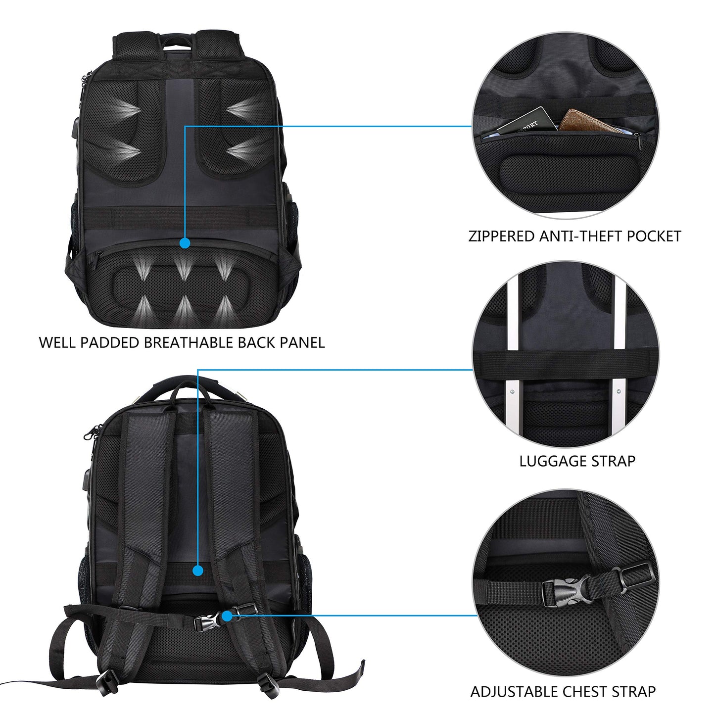 KROSER Laptop Backpack 17.3 Inch Business Travel Backpack Carry-On Waterproof with Hard Shell Security Compartment Charging Port RFID Pocket for Men/Women/College/School - Black MEHRWEG