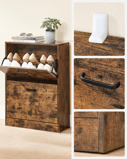 VASAGLE shoe cabinet with 2 flaps, shoe rack, adjustable and removable partitions, for 12 pairs of women's shoes or 8 pairs of men's shoes, small hallway, 60 x 24 x 83.5 cm, vintage, dark brown LBC02BX.