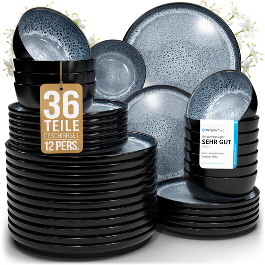 Stoneware dinnerware set for 12 people Ibiza 36 pieces. AWARD WINNER, Dreamy Mediterranean Stoneware Dinnerware Set, bowl and plate set, tableware for 12 people, dish sets Pure Living in smokey blue.