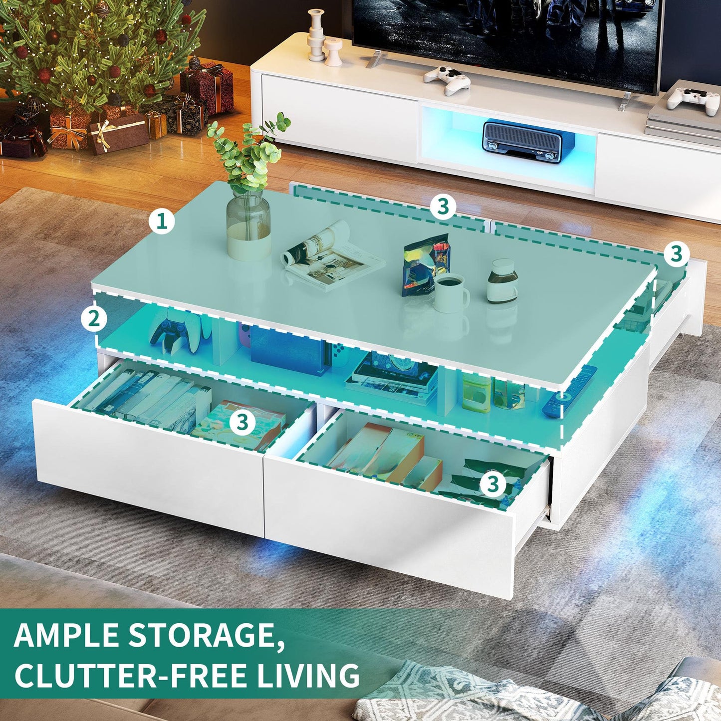 YITAHOME Coffee Table White, Living Room Table with 16-Color LED Lighting Modern, White Side Table with Open Display Shelf and 4 Extendable Drawers 90x55x41.1 cm