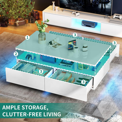 YITAHOME Coffee Table White, Living Room Table with 16-Color LED Lighting Modern, White Side Table with Open Display Shelf and 4 Extendable Drawers 90x55x41.1 cm