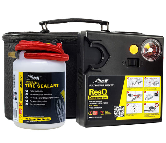 AirMan Resq tire repair kit for cars, featuring Valve-Through technology, repairs all tire types, including the powerful 12V air compressor tire sealant.
