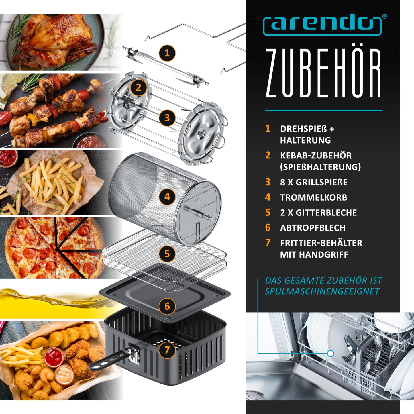 Arendo - Hot air fryer XXL with LED touchscreen- 12 liter - grill - dehydrator - oven - air fryer - touchscreen - easy&clean - oil-free fryer - convection - pizza, chicken, fries - BPA free