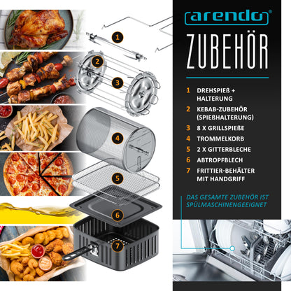 Arendo - Hot air fryer XXL with LED touchscreen- 12 liter - grill - dehydrator - oven - air fryer - touchscreen - easy&clean - oil-free fryer - convection - pizza, chicken, fries - BPA free