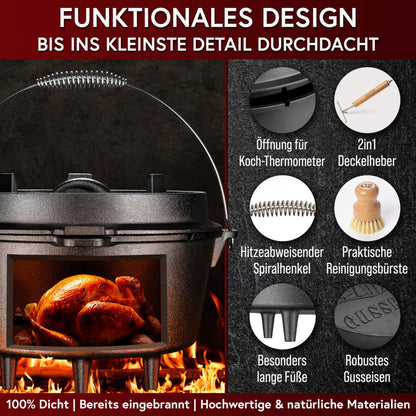 GUSSKÖNIG Dutch Oven Set - Seasoned Dutch Oven 7 Liter - Cast Iron Campfire Pot with Legs - Dual Function Dutch Oven Casserole - includes 2in1 Lid Lifter, Brush & Dutch Oven Recipe Book [for 3-6 People]