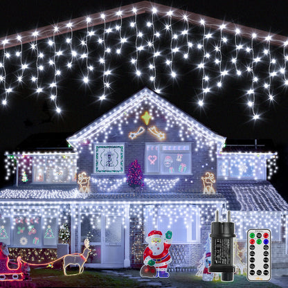 Ollny 49ft Outdoor Icicle Lights, 600 LED white Outdoor String Lights with Remote, 8 Lighting Modes Waterproof Christmas Lights for Balcony Window House Pavilion Patio Christmas Decor