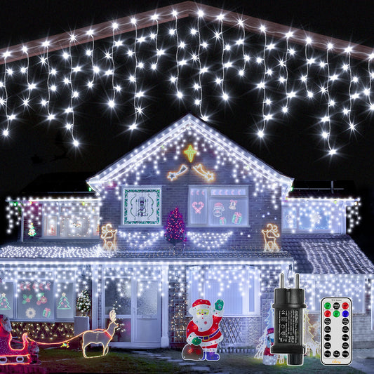 Ollny 49ft Outdoor Icicle Lights, 600 LED white Outdoor String Lights with Remote, 8 Lighting Modes Waterproof Christmas Lights for Balcony Window House Pavilion Patio Christmas Decor