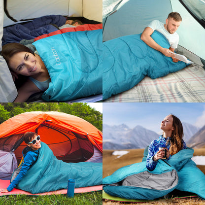 Coolzon sleeping bag for outdoor camping 3-4 seasons, adult rectangular sleeping bag compact ultralight carry bag, soft thick and warm for outdoor camping, travel, hiking, blue