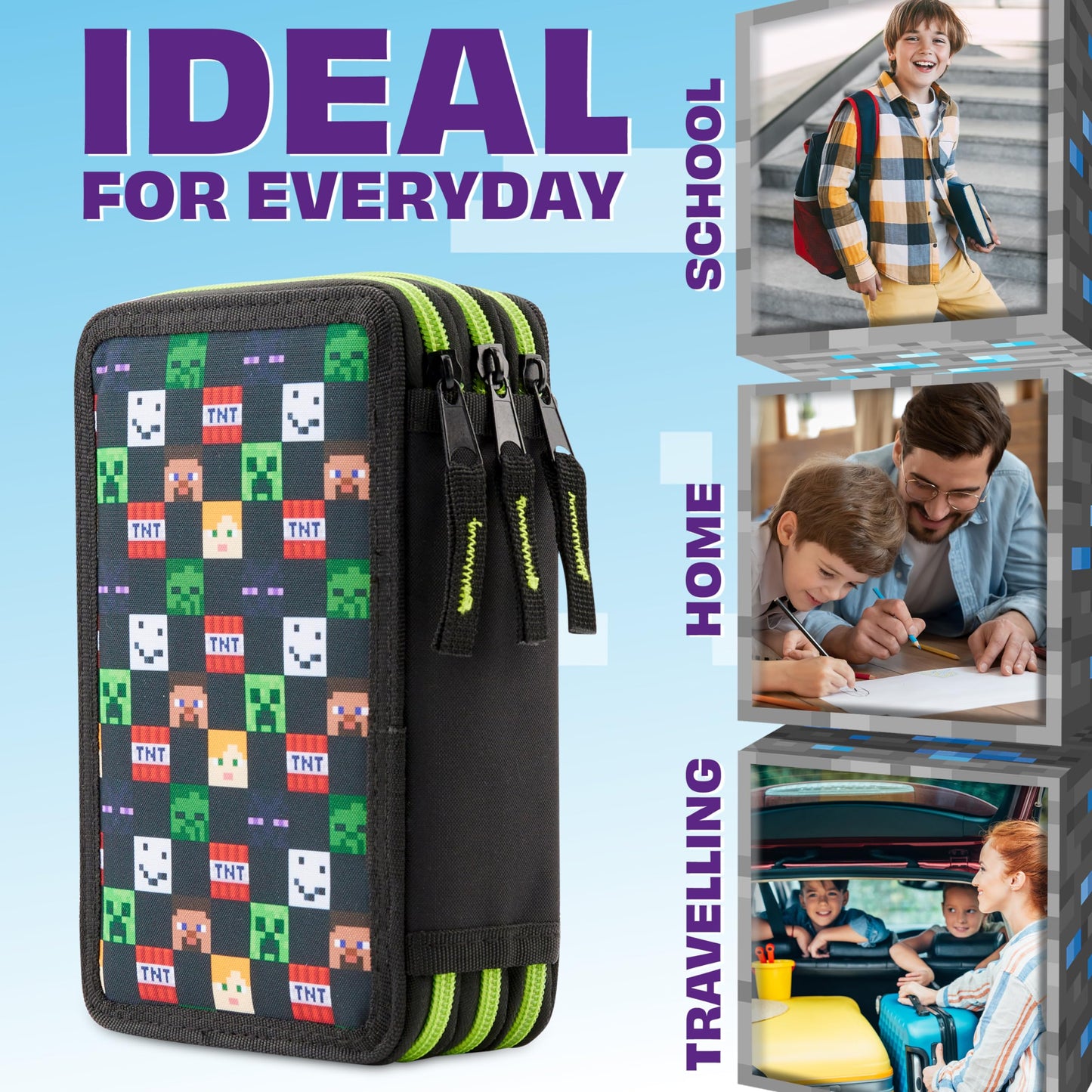 Minecraft pencil case for boys and girls filled with Creeper stationery, gamer gifts for kids and teenagers. (Black AOP)