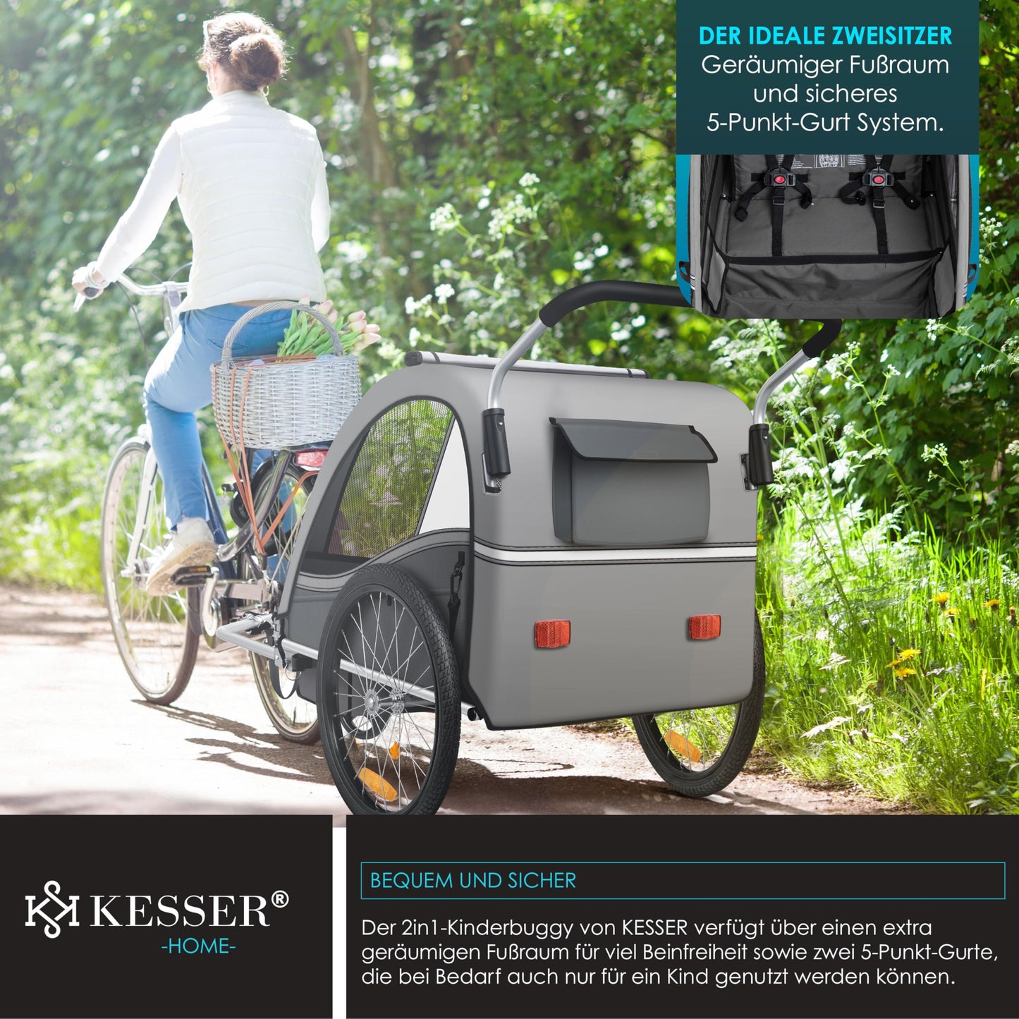 KESSER® child bicycle trailer Sport-RX 2in1 jogger & buggy with 5-point harness, safety belt, 360° front wheel, reflectors, suitable for 1-2 children (max. 40 kg), with cup holder & smartphone compartment.