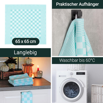 ZOLLNER 6 piece set of cotton kitchen towels, 65x65 cm - highly absorbent and durable - washable up to 60°C - mint checkered pattern - gastronomy quality - Oeko Tex® certified