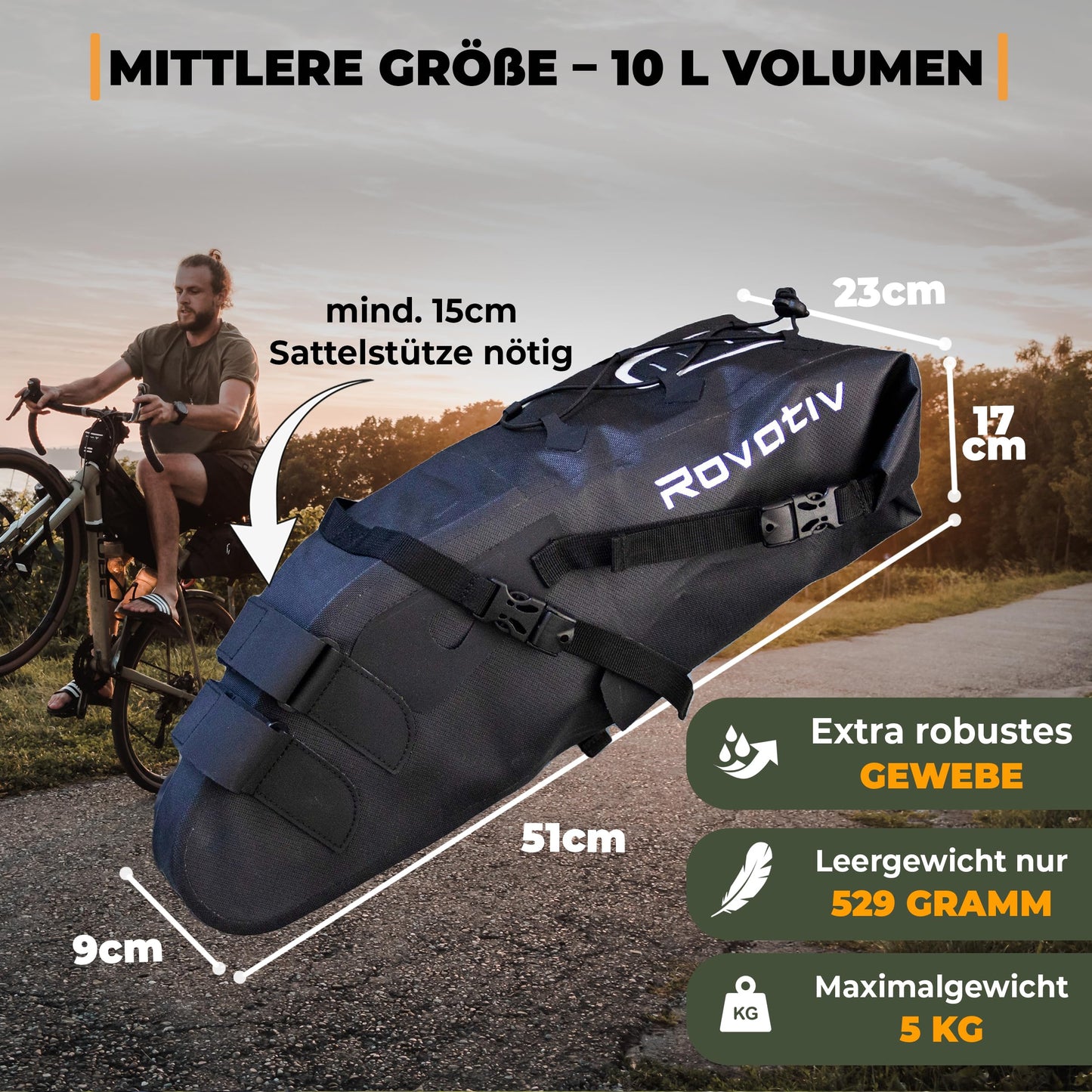 Rovativ® - Bikepacking Saddle Bag [10 liters] 100% Waterproof - Extremely secure attachment - Bike Saddle Bag made of TPU fabric - for Gravelbike and MTB Bike Packing