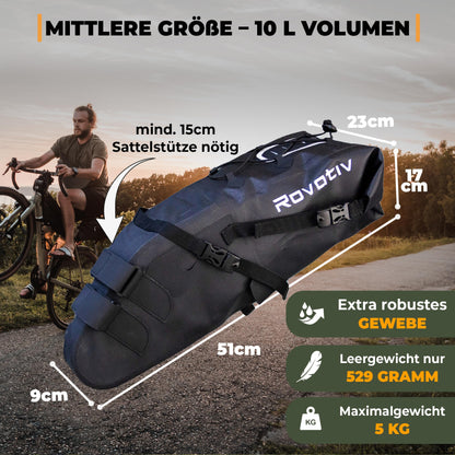 Rovativ® - Bikepacking Saddle Bag [10 liters] 100% Waterproof - Extremely secure attachment - Bike Saddle Bag made of TPU fabric - for Gravelbike and MTB Bike Packing