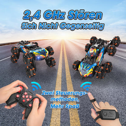 AYIQUTY Remote Control Car, Remote Control Car for 3 4 5 6 7 8 9 10 years old, 8WD Stunt and Hand Control, RC Drift with LED Light, Music, and Spray, RC Toy Gift for 3-12 years old boys